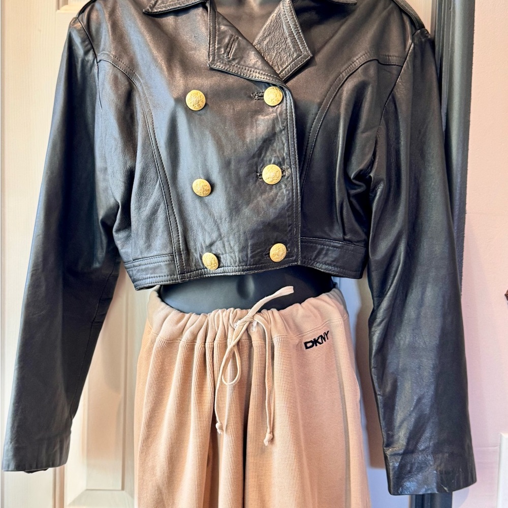 Black Leather Jacket with Gold Buttons
